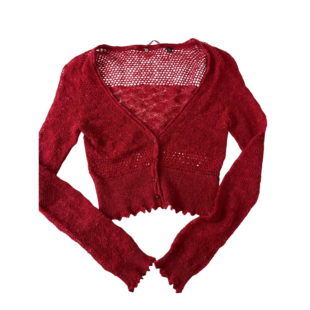 Knitted & Knotted Cardigan Sweater Women Small Red Cropped Pointelle Lace Knit